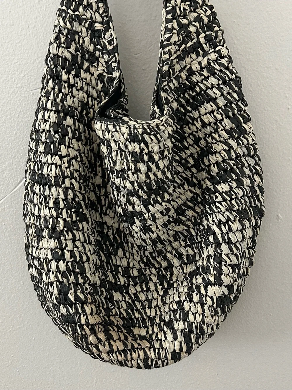Banana Republic Marled Raffia Tote Bag Straw Hobo Purse Black White Slouchy Boho